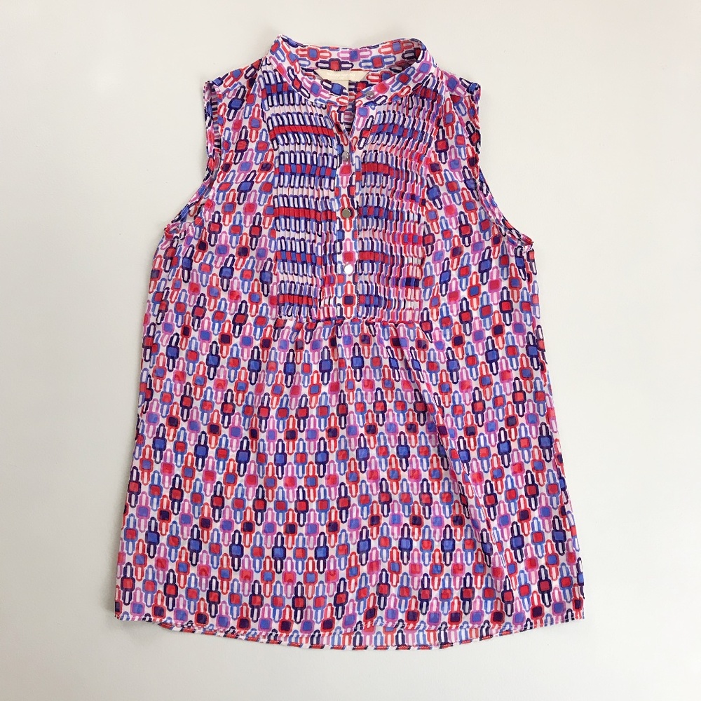 BANANA REPUBLIC Sheer Popover Shell Blouse XS Geometric Print Jewel Tones